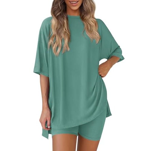 PRETTYGARDEN Women 2 Piece Lounge Set 2026 Summer Casual Oversized Shirts Biker Shorts Matching Airport Travel Outfit Clothes
