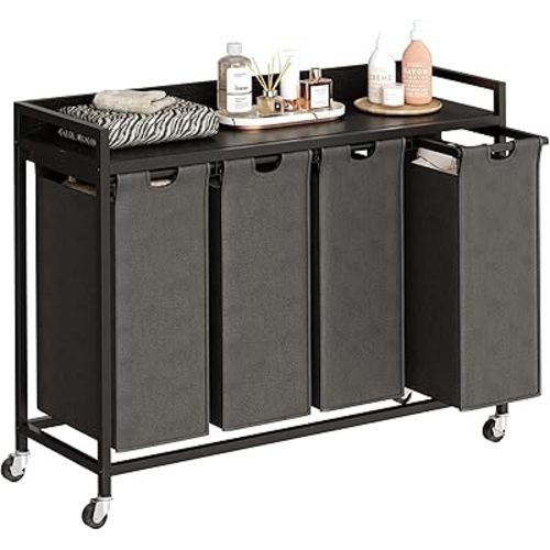 Herture Laundry Hamper with Shelf, Laundry Basket 4 Section, Laundry Sorter with Pull-Out Removable Large Bags and Movable Wheels, Metal Frame, 4 x 15.87 Gallons (60L), Black and Gray PF07XLB