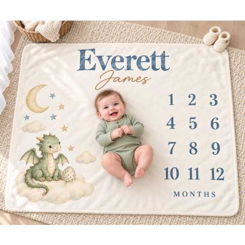 Personalized Baby Boy Milestone Blanket, Monthly Baby Dragon Blanket, Custom Name Celestial Nursery Newborn Baby Shower Gift