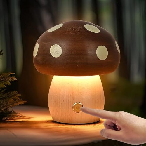 Wood Mushroom Lamp, Rechargeable Small Bedside Lamp for Nursery Bedroom