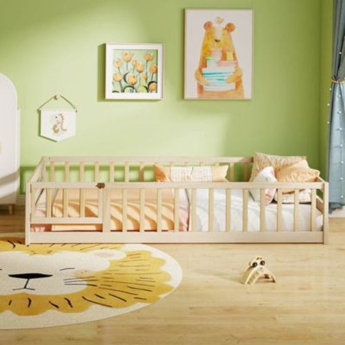 Costway Twin Size Floor Bed with Door & Fence with Safety Guardrails & Slats Support Beige