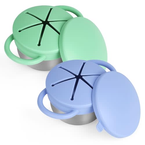 2 Pack Snack Cups for Toddlers Spill Proof - Detachable Stainless Steel Toddler Snack Cups with Silicone Lids & Handles - Dishwasher Safe Baby Snack Containers for Mess-Free Snacking (Blue and Green)