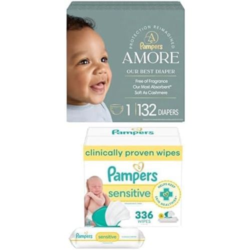Bundle of Pampers Amore, Size 1 (8-14 lbs), 132 Count, Our + Baby Wipes, Sensitive, Water Based Wipe, Clinically Proven, Hypoallergenic, and Unscented for Babies, 336 Wipes Total (4 Flip-Top Packs)