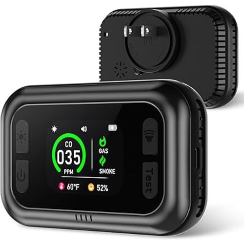 5 in 1 Carbon Monoxide Detectors, Natural Gas Detector & Smoke Detector with Dual Alarm & Bulit-in Battery, Propane CO Detector Plug in (Temp & Humidity) for Home RV Camping Travel (Black)