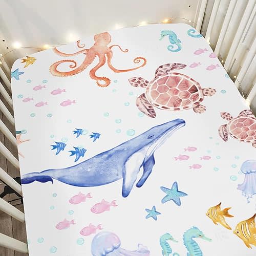 Colorful Ocean Animals Baby Crib Sheets for Boy Girl 52x28 Whale Turtle Jellyfish Sea Horse Corals Soft Snug Fitted Crib Mattress Cover Marine Animals Baby Sheet for Standard Crib & Toddler Mattress