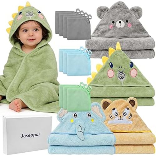 14 PCS Baby Bath Towels Set, 4 PCS Large 31"x31" Animal Hooded Towels & 10 Washcloths, Thick & Ultra Absorbent for Newborns Infants Toddlers 0-5 Years, Soft for Boys