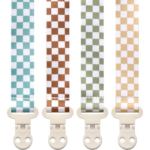 Stadela Baby Pacifier Clip Holder - Girl or Boy Unisex 4 Pack Gift Set – Neutral Modern Retro Checker Green Blue Brown Beige