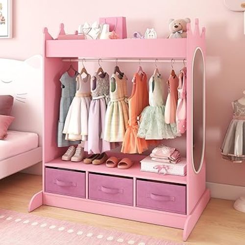 COSVALVE Kids Dress Up Storage with Mirror and Drawers, Kid Armoire Dresser, Pretend Storage Closet for Kids, Costume Wardrobe with Top Shelf for Playroom Bedroom, Lovely Pink