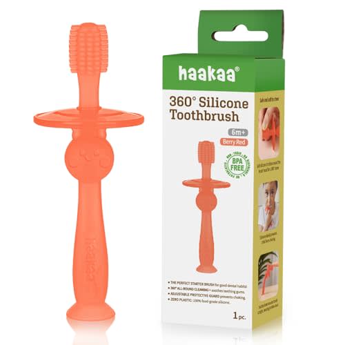 haakaa 360 Silicone Baby Toothbrush 100% Soft Food Grade Silicone, BPA-Free, Suction Base, Safe for Babies 6 Months+, Gentle Gum and Teeth Cleaning for Infants, Gum Massager (Berry Red)