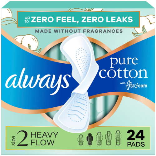 Always Pure Cotton Feminine Pads With WIngs, Size 2, Heavy Absorbency, 24 Count