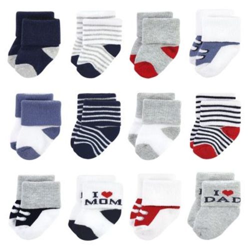 Hudson Baby Infant Boys Cotton Rich Newborn and Terry Socks, Mom Dad Boys Navy Red
