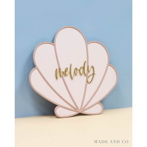 Hand Crafted Wood Seashell Name Sign | Spray Painted Wall Decor 20"x18.5" Mermaid Under The Sea Baby Shower Birthday Gift Nursery Room Decor