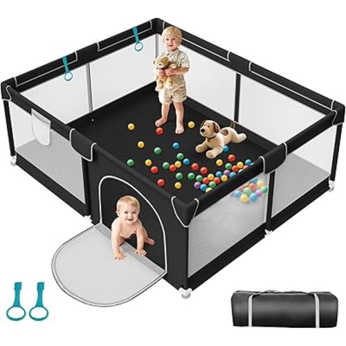71x59 in Playpen for Babies and Toddlers - Indoor and Outdoor Extra Large Baby Play Pen with Soft Breathable Mesh & External Zipper Door - Baby Play Yard with Bag& 2 Handles for Walking Playing, Black