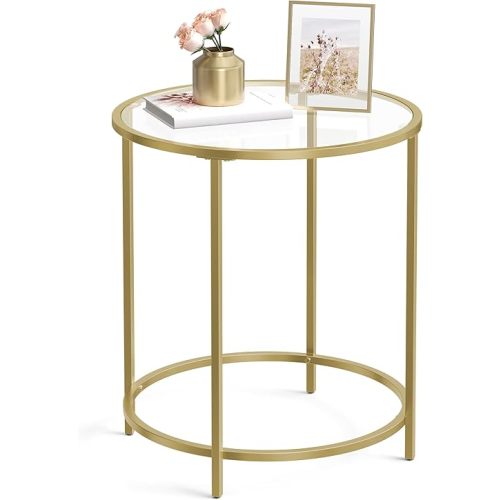 VASAGLE Round Side Table, Glass End Table with Metal Frame, Gold Coffee Table with Modern Style, for Living Room, Balcony, Bedroom, Gold Color