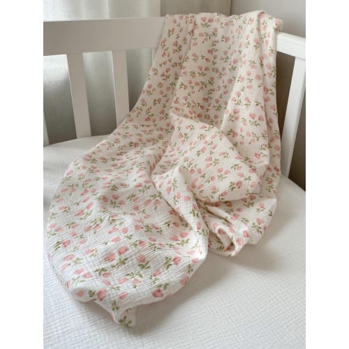 Vintage Floral Muslin Organic Baby Blanket 39x51in, Newborn Swaddle, Organic Cotton Baby Girl Gift, Baby Shower Blanket
