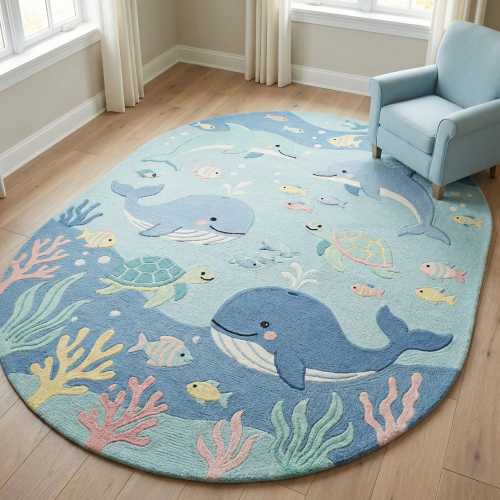 Ocean Animals Hand Tufted Wool Nursery Rug Round Kids Playroom Decor Gift
