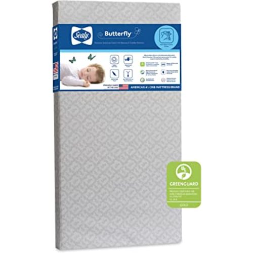 Sealy Baby Butterfly Crib Mattress plus Toddler Bed Fit, Premium American Foam, Washable Easy to Clean Zip Off Cover, GREENGUARD Gold Certified, Safety & Quality Tested, Made in USA, 52"X28"