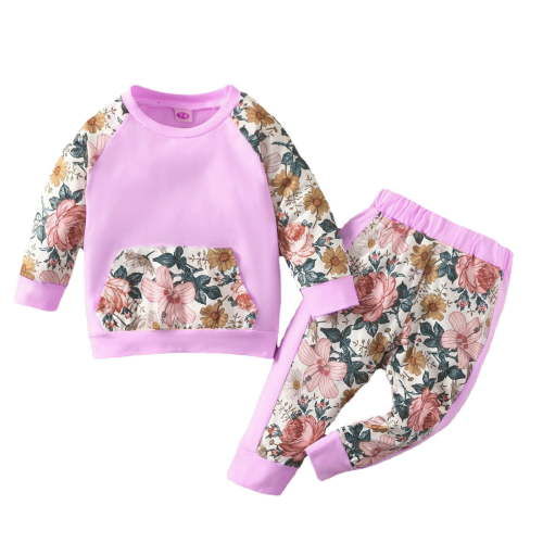 Tiijoy Newborn Girls Floral Patchwork Color Cotton Sweatshirt Pants Sweat Suit, Sizes 0-3M