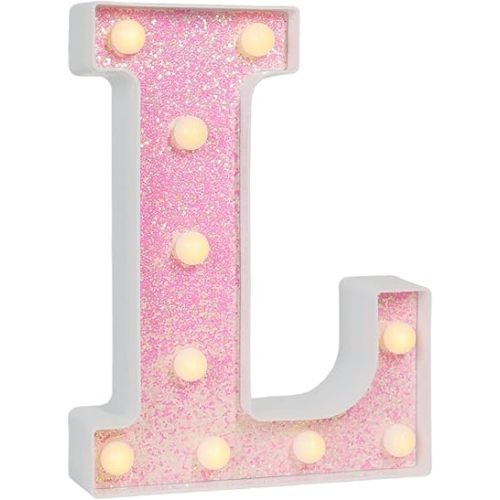 Pink Glitter Marquee Light Up Letters, Battery Operated LED Letter Lights Signs for Pink Birthday Party Table Decorations, Wall Decor for Girls Bedroom, Initial Letter L with Warm White Lights