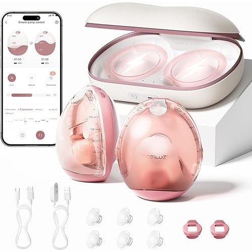 Momcozy Air 1 Ultra-Slim Breast Pump, Hands-Free Wearable Pump with Wireless Charging Case & App Control with Auto Mode & Full-Milk Alert, Industry-First Transparent Top for Easy Nipple Alignment