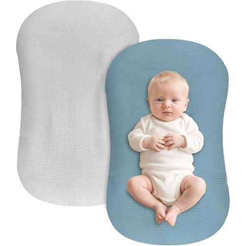 Hooyax Baby Lounger Cover 2 Pack - 100% Muslin Cotton Newborn Lounger Pillow Covers Only, Soft Breathable Infant Lounger Cover with Reinforced Stitching, Fits Most Standard Baby Loungers (Blue Grey)