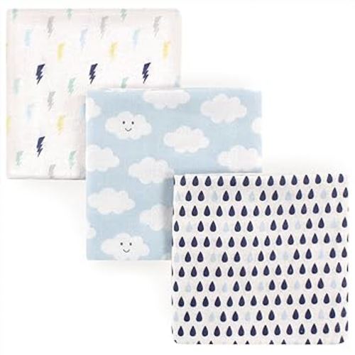 Luvable Friends Unisex Baby Cotton Flannel Receiving Blankets, Boy Clouds 3-Pack, One Size