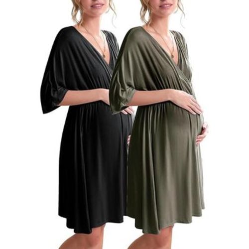 Ekouaer 3 in 1 Labor/Delivery/Hospital Gown Maternity Dress Nursing Nightgown Sleepwear for Breastfeeding - 1&2 Pack Black/Army Green M