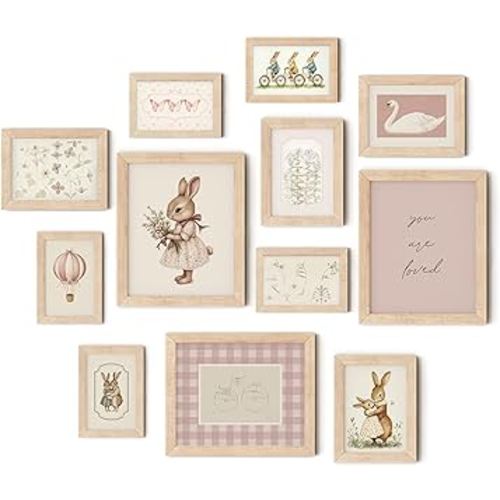 TwoDays Vintage Nursery Decor for Baby Girls, Pink Rabbit Bunny Wall Art for Toddler Kids Playroom, Swan Animals Posters for Bedroom (Multi Sizes, Set of 12, 8 × 10 Largest, Wooden Framed)