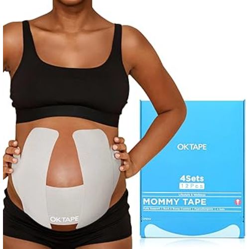 OK TAPE Pregnancy Belly Tape, Hypoallergenic Precut Belly Band Support, Relief Maternity Round Ligament Pain/Back Pain/Belly Pain, Women Pregnancy Must Haves, 4 Sets, Fashion Grey - for 13-26 Weeks