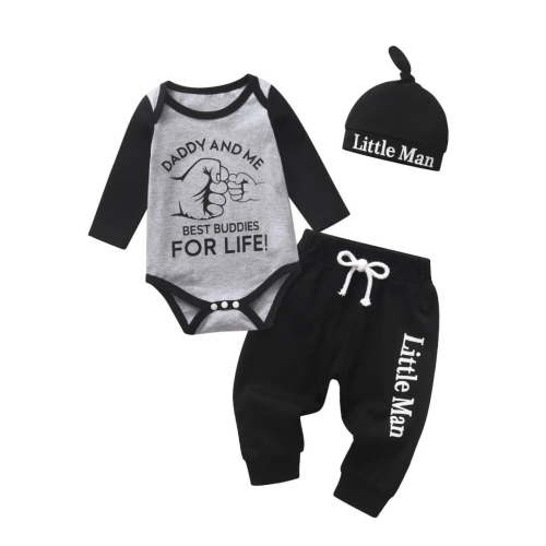 Infant Baby Boy Clothes Long Sleeve Letter Romper Pants Headband Hat Outfits Set Black 9-12 Months