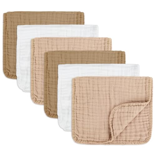 Muslin Burp Cloths Soft and Breathable Burp Cloths Baby Girl 6 Pack 10x20 inches It is a Must-Baby Girl Newborn Essentials and Baby Essentials (6, White and Brown)