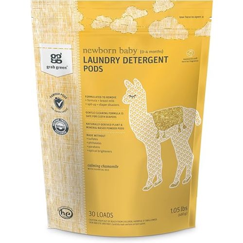 Grab Green Newborn Baby Laundry Detergent Pods, 30 Loads, Chamomile, Mineral Based, Non-Toxic, Stain Remover
