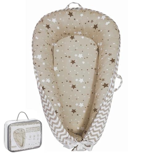 Aila+Aiden Baby Lounger | Organic Cotton Infant Lounger | Reversible, Adjustable & Portable Floor Lounger | Supervised Use | Soft, Breathable, Washable Cover- Star Collection (Tan)