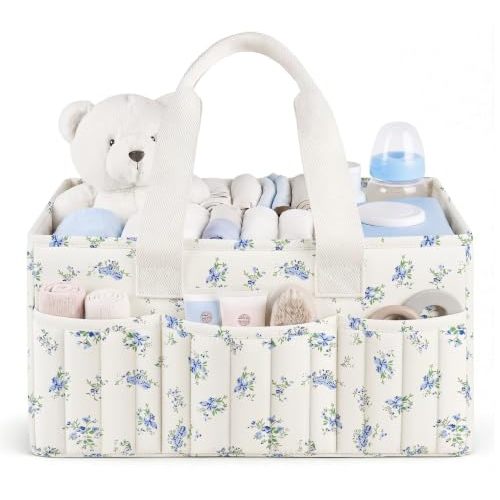 Floral Baby Diaper Caddy Organizer with Lid, Gift Basket for Baby Shower | Newborn Registry Essentials, Diaper Caddy Organizers Bags with Portable Changing Mat, Removable Dividers, Long Sturdy Handles
