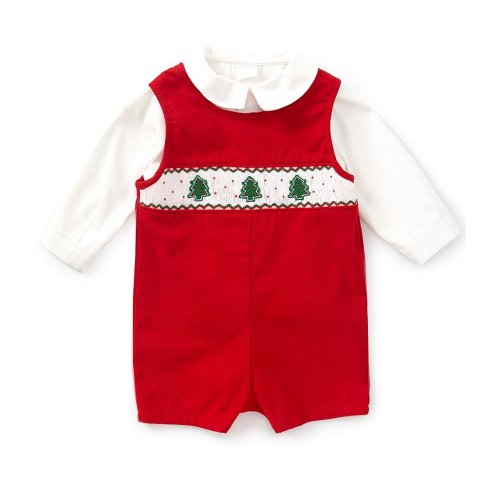 Edgehill Collection Baby Boys Smocked Christmas Tree Jon Jon Romper