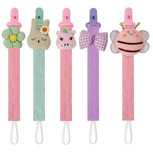 5 Pack Pacifier Clips for Baby Girls, Multicolor Fabric Straps,5pcs Straps, Approx. 11 in / 29 cm, Resin Clips with Inner Grip Design, Fits Most Pacifiers with Handles(10)