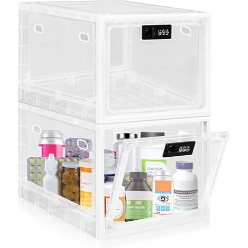 Gemaxvoled 2 Pack Medicine Lock Box, Large Capacity Premium Material Lockable Storage Bin Organizer Box with Combination Code for Safe Medication/Fridge Food/Snacks/Phone/Tablet Jail(White)