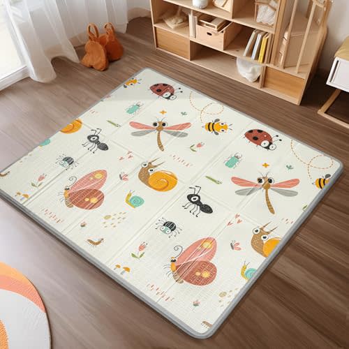 Foldable Baby Play Mat, PIGLOG 50" x 50" Waterproof Playmat for Playyards for Babies, Safe Foam Playmat for Tummy Time, Reversible Playmats, Portable Floor Mat for Infant, Toddler, Dragonfly + Bee