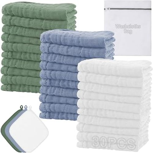 Muslin Baby Washcloths Baby Wash Cloths Cotton Face Towels 30 Pack Burp Cloths Baby Girl Boy Soft and Absorbent Baby Wipes Burp Rags Bath Essentials Registry Search, 11.8 x 11.8 inches