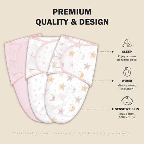Cute Castle 3-Pack Baby Swaddle Sleep Sacks - Newborn Swaddle Sack - Ergonomic Baby Swaddles Blanket Warp for Boys and Girls - Baby Essentials (0-3 Months - Pink, Moon, Stars)