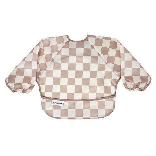 Tiny Twinkle Mess Proof Baby Bib,Waterproof Smock Baby Bib for Eating,Machine Washable Long Sleeve Bib,Baby Led Weaning,Toddler Bib,BLW Supplies(Checkers Brown, Small 6-24 Months)