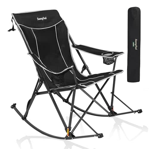 SUNNYFEEL Oversized Folding Rocking Camping Chair with Buckle Design Outdoor Rocker High Back Lawn Camp Rocker Chair with Cup Holder Heavy Duty 500 LBS for Outdoor/Camping/Lounge/Patio with Carry Bag