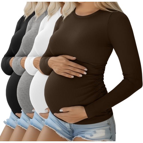 Ficerd 4 Pack Women's Maternity Shirts Cotton Long Sleeve Ribbed Crew Neck Pregnancy Tops Side Ruched Casual Mama Clothes