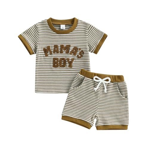 Baby Boy Summer Clothes Mamas Boy T-Shirt Shorts Set | Waffle knit, Striped set, Embroidered, Short sleeve tee, Side pockets, Soft, Breathable, 0-3T, Birthday, Baby shower present