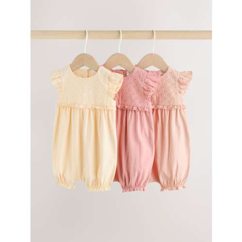 Tonal Pink Broderie 3 Pack Baby Rompers