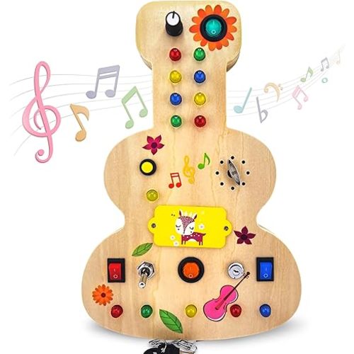 Wooden Montessori Musical Busy Board for Toddlers for 3-5 Year-Old with Mechanical Turner, Colorful Bulbs, Switches, Buttons - Enhance Sensory, Motor Skills