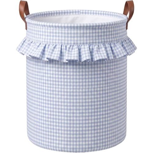 Blue Gingham Laundry Basket Ruffled Checkered Laundry Hamper