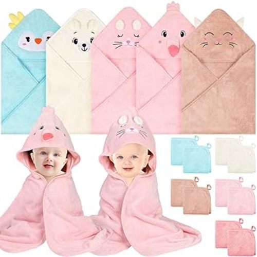 15 Pack Hooded Baby Towels, 5 Packs Soft Baby Bath Towels with Hood for Babies, 10 Packs Baby Washcloths for Newborns, Toddlers, and Kids- Absorbent, Baby Stuff Shower as Best Gifts for Boys and Girls