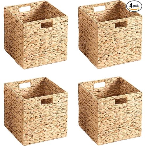 11x11x11 Wicker Storage Basket Set of 4, Water Hyacinth Woven Basket with Handles, Wicker Cube Storage Bins for Shelves, Foldable Square Storage Cubes for Living Room Bedroom Organizing, Natural