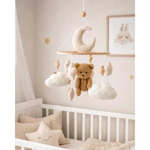 Boucle Crib Baby Mobile with Brown Bear Boucle Moon and Stars Neutral Mobile Baby Boy Girl Shower gift Baby Nursery Decor Cot Mobile